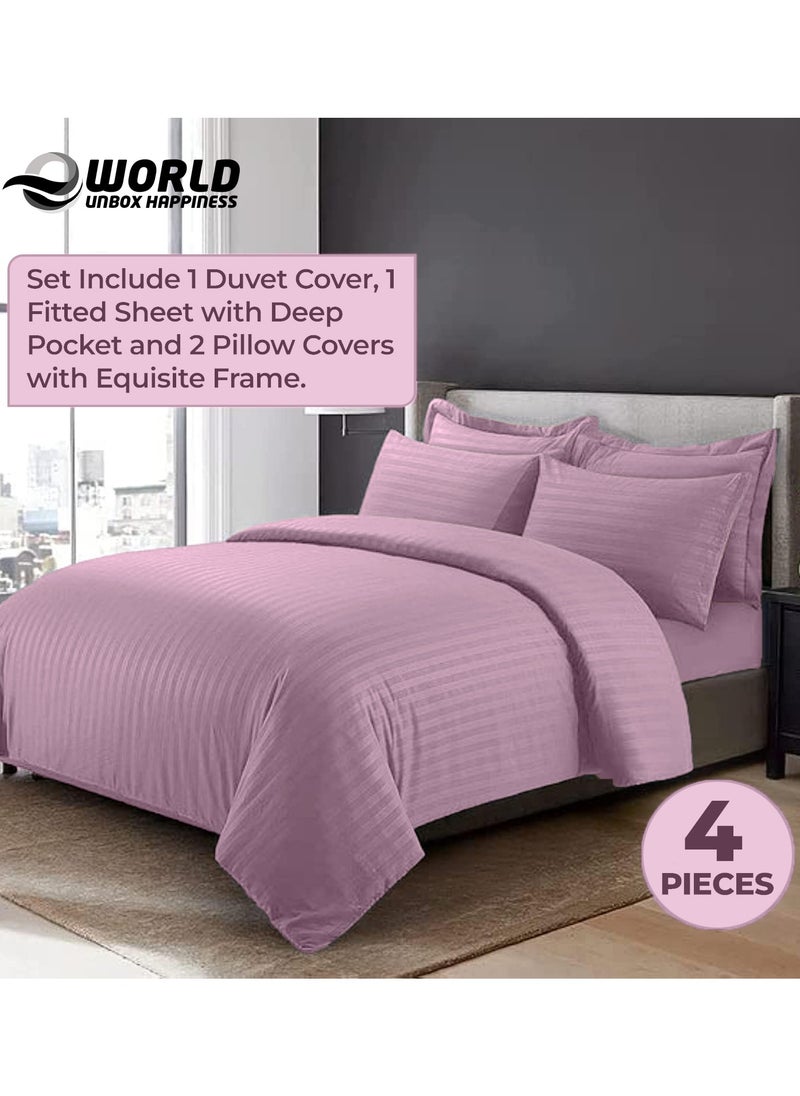 Eworld 4-Piece Luxury King Size Pink Striped Bedding Set Includes 1 Duvet Cover (220x240cm), 1 Fitted Bed Sheet (200x200+30cm), and 2 Pillow Cases (48x74+5cm) for Ultimate Hotel-Inspired Sophistication  - Image 4