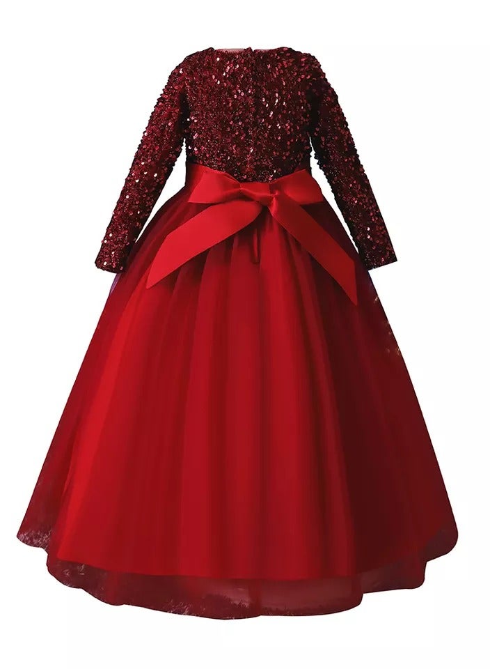 D'Daniela Girls Long Sleeve Maxi Sequined Party Dress Red - Image 1