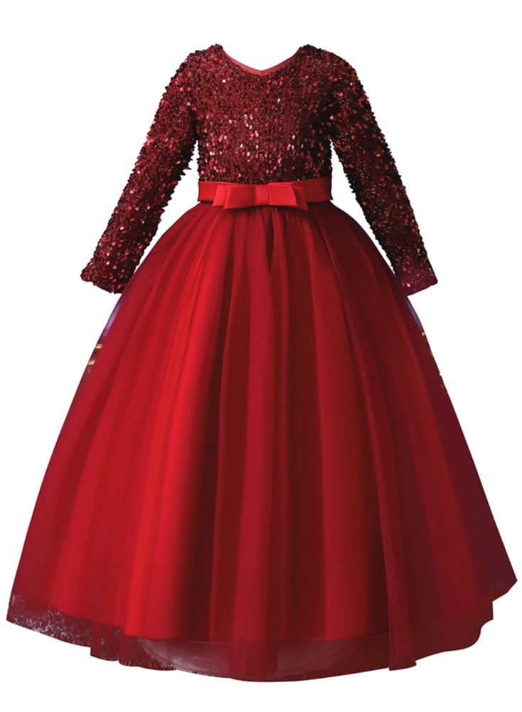 D'Daniela Girls Long Sleeve Maxi Sequined Party Dress Red - Image 3
