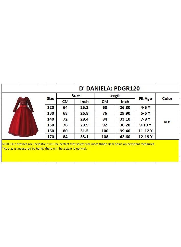 D'Daniela Girls Long Sleeve Maxi Sequined Party Dress Red - Image 2