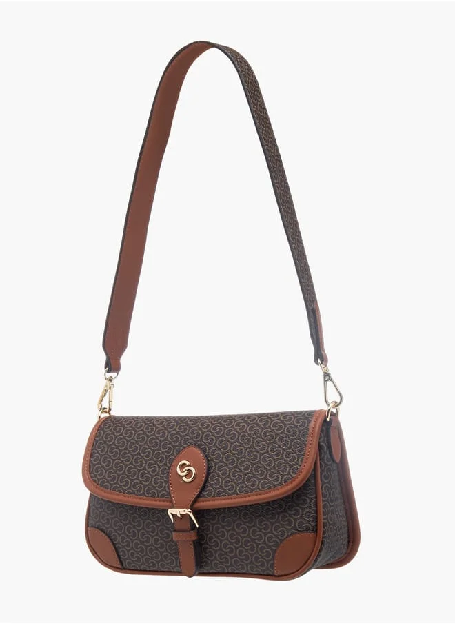 سيليست Women All-Over Monogram Print Crossbody Bag with Detachable Strap and Flap Closure