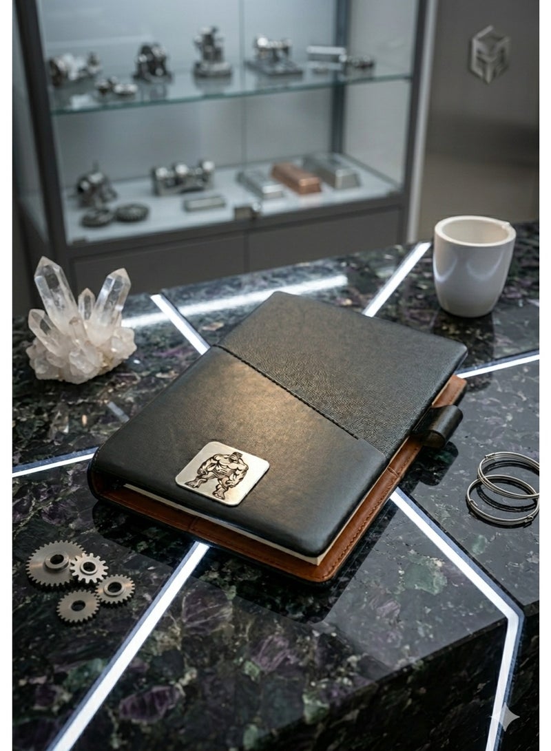 Luxury Black Leather Notebook with Superhero-Inspired Metal Logo – Elegant Journal for Work & Study - Image 2
