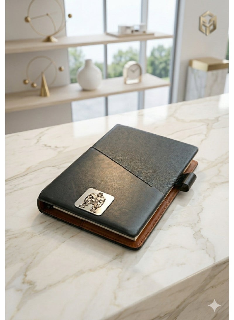 Luxury Black Leather Notebook with Superhero-Inspired Metal Logo – Elegant Journal for Work & Study - Image 1