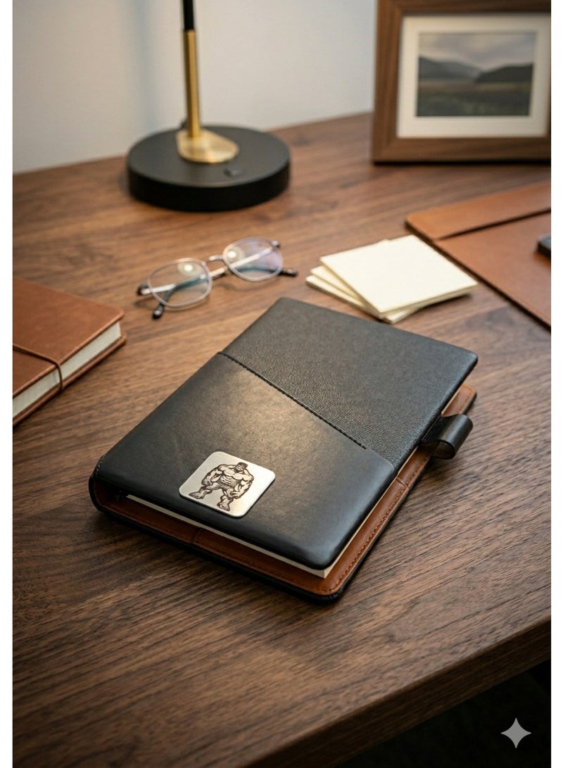 Luxury Black Leather Notebook with Superhero-Inspired Metal Logo – Elegant Journal for Work & Study - Image 3