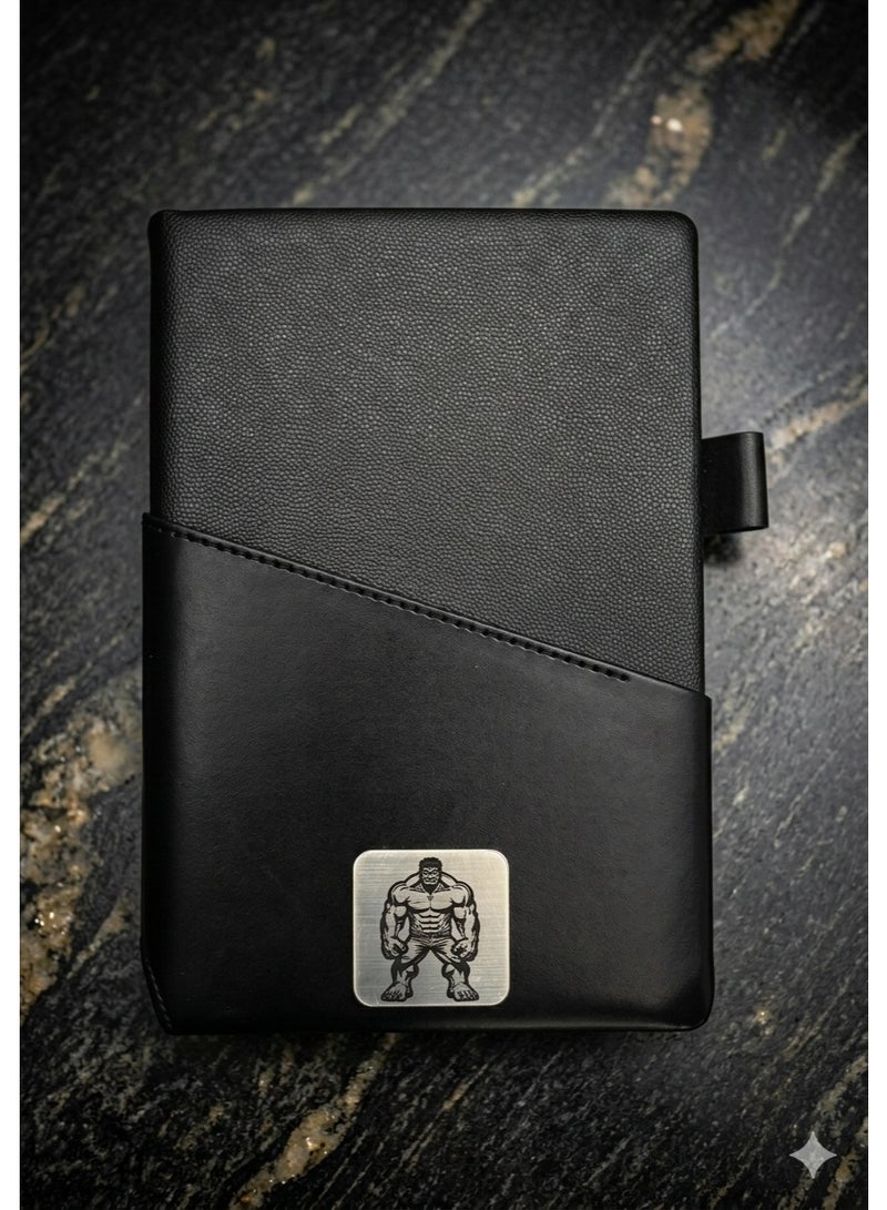 Luxury Black Leather Notebook with Superhero-Inspired Metal Logo – Elegant Journal for Work & Study - Image 4
