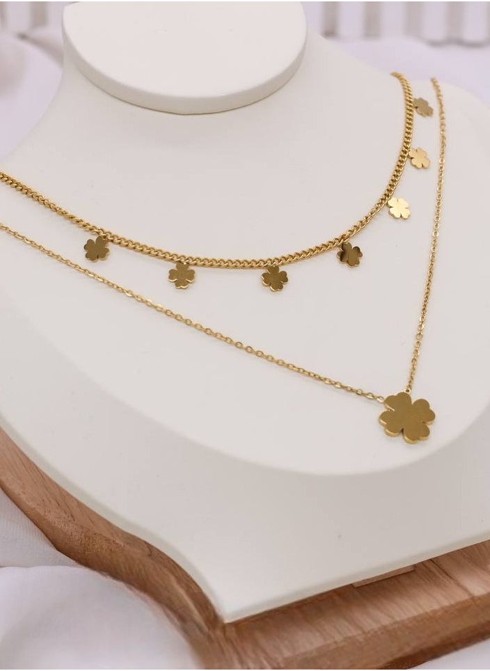 Ward Women's Necklace Elegant Two-Layer with Clover Flower Design, Made of Stainless Steel in Gold Color. 