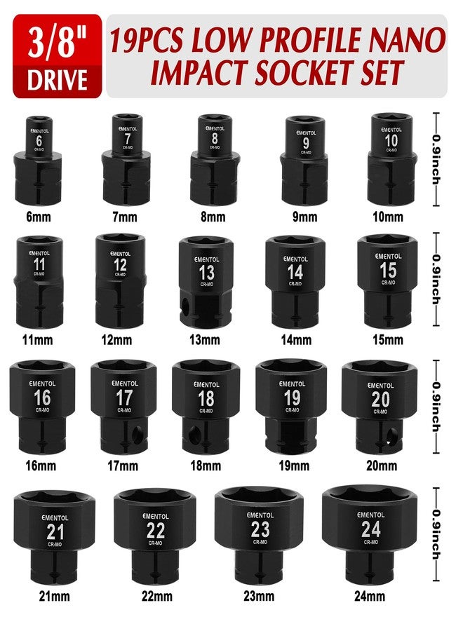 EMENTOL 19 Pieces 3/8" Drive Low Profile Nano Impact Socket Set, 6mm-24mm, Metric Stubby sockets, CR-MO - Image 2