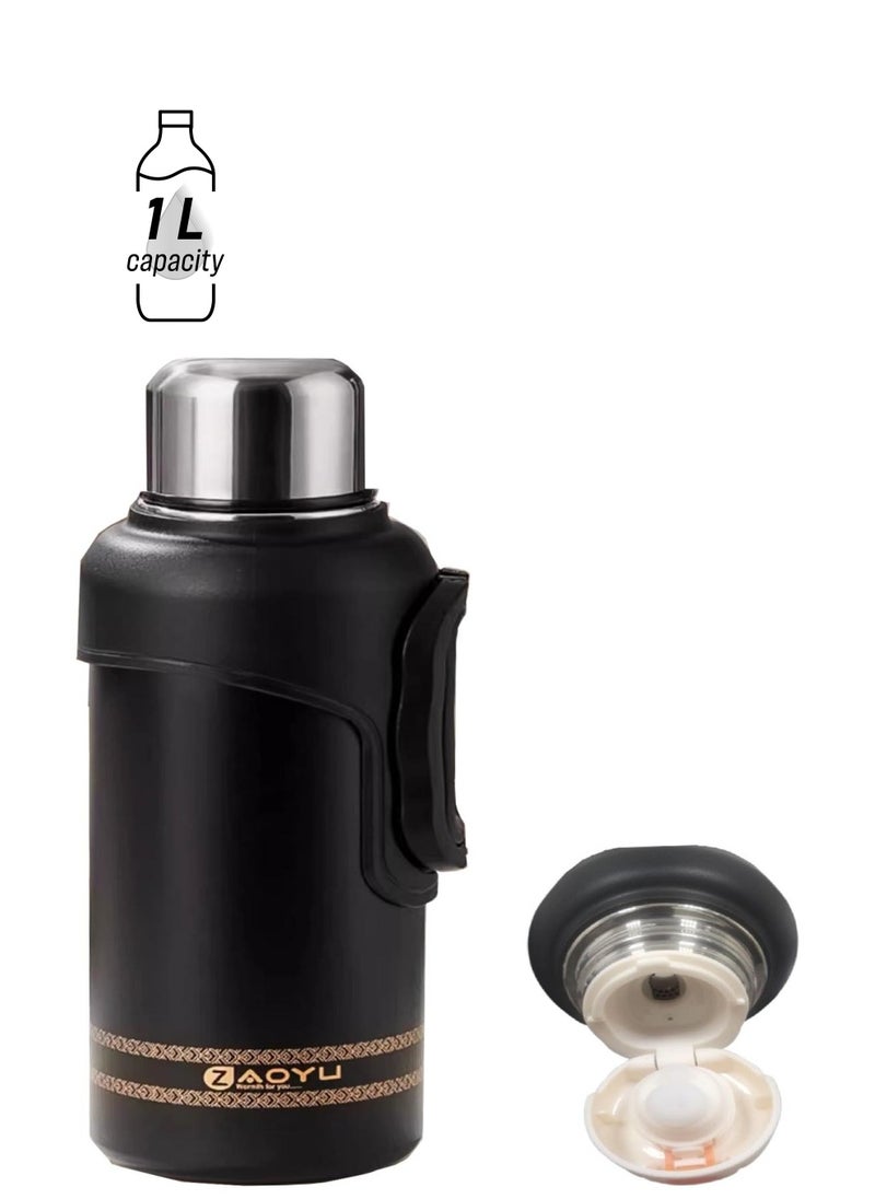 TYCOM Thermal isulated Water Bottle 1000 ML 316 Stainless Steel Double Wall Vacuum insulated Water Bottles for Hot Cold Water Gym Bottle Flask Bottle Side Handle Black.  - Image 1