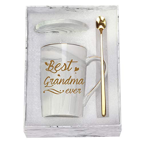 Best Grandma Ever Mug Coffee Gifts Birthday Mothers Day for from Granddaughter Grandson Grandchildren Grandkids 14 Ounce Gift Box with Spoon and Mat Gray