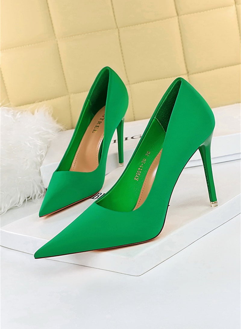 BIGTREE 10.5cm Stylish Pedicure Slim Heels With Slim Satin Pumps With Pointed Toes Green - Image 1