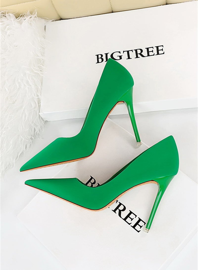 BIGTREE 10.5cm Stylish Pedicure Slim Heels With Slim Satin Pumps With Pointed Toes Green - Image 2