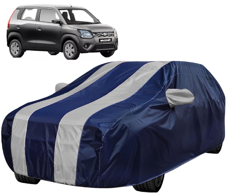 Auto Hub Car Cover Compatible with WagonR 2019 with Mirror Pocket, Weather Proof, Triple Stitched, WagonR Car Cover- Navy-Silver - Image 1
