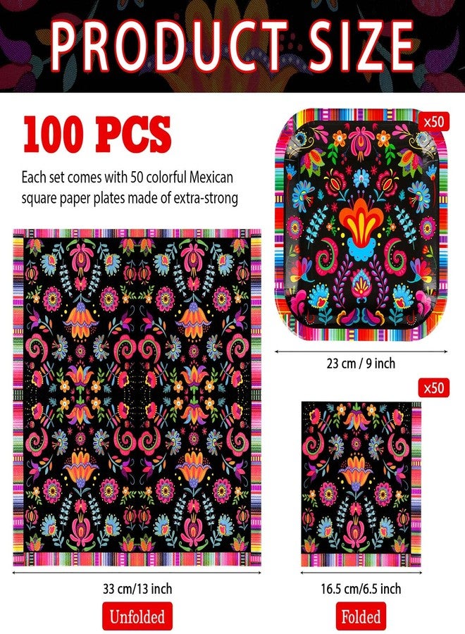 Grencian 100Pcs Mexican Fiesta Square Party Supplies 9" Mexico Serape Striped Plates and Napkins Disposable Mandala Floral Plates for Cinco de Mayo Tuesday Taco Night Birthday Party Decorations - Image 2