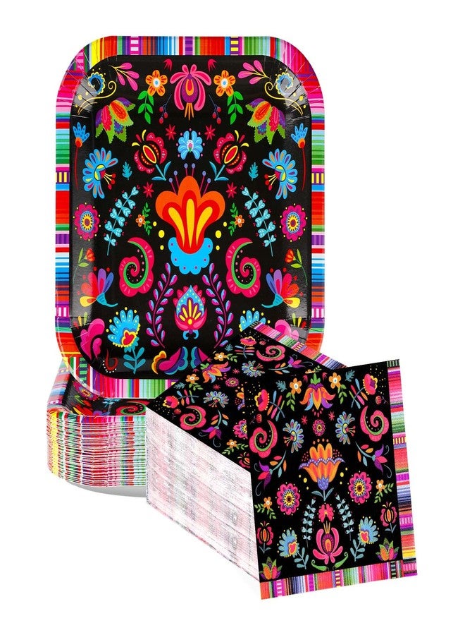 Grencian 100Pcs Mexican Fiesta Square Party Supplies 9" Mexico Serape Striped Plates and Napkins Disposable Mandala Floral Plates for Cinco de Mayo Tuesday Taco Night Birthday Party Decorations - Image 1