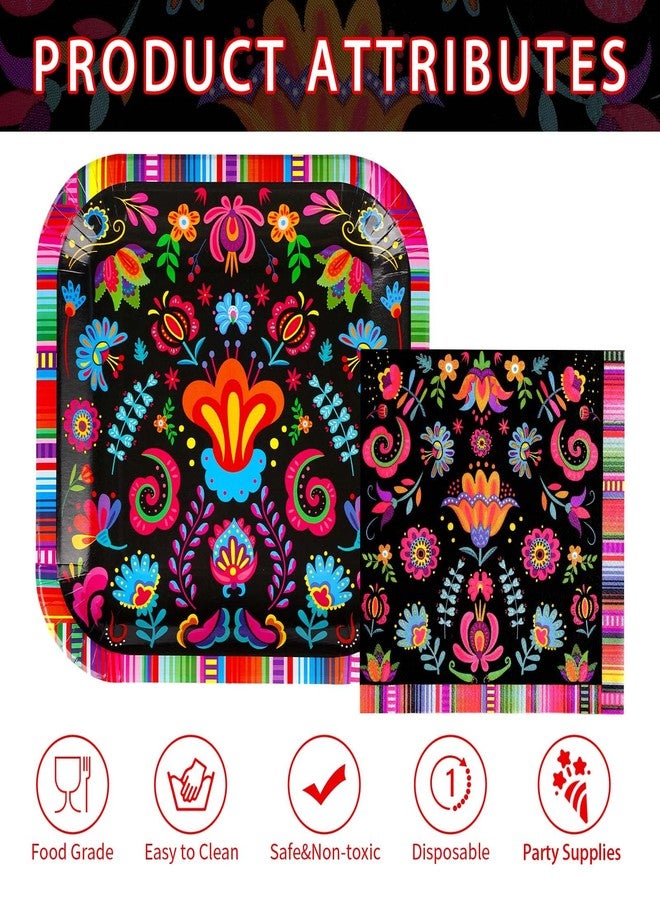 Grencian 100Pcs Mexican Fiesta Square Party Supplies 9" Mexico Serape Striped Plates and Napkins Disposable Mandala Floral Plates for Cinco de Mayo Tuesday Taco Night Birthday Party Decorations - Image 3