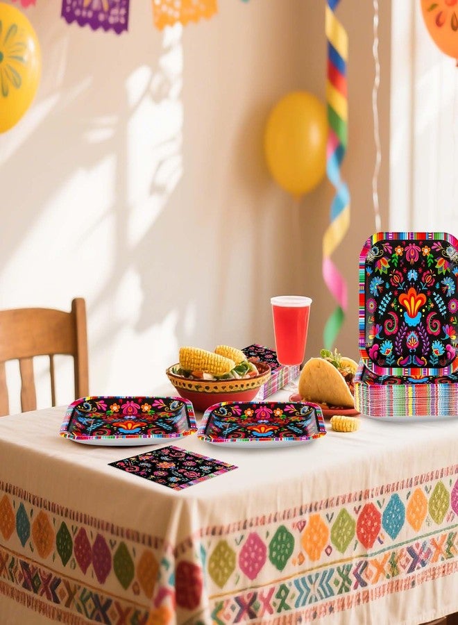 Grencian 100Pcs Mexican Fiesta Square Party Supplies 9" Mexico Serape Striped Plates and Napkins Disposable Mandala Floral Plates for Cinco de Mayo Tuesday Taco Night Birthday Party Decorations - Image 4