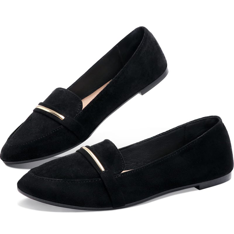 Obtaom Women's Pointy Toe Loafer Flat Comfortable Faux Suede Work Shoes,Cute Penny Loafer Slip On Ballet Flat(Black US7) - Image 1