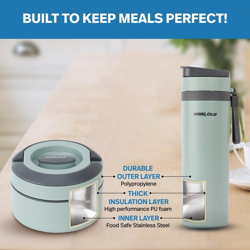PINNACLE صندوق غداء بيناكل برايم مع زجاجة بيكسل الحرارية | مجموعة غداء مع زجاجة | صندوق غداء للأطفال | صندوق تيفين للمكتب للرجال | صينية إضافية من الفولاذ المقاوم للصدأ (أخضر جليدي، مجموعة 3 قطع) - Image 2