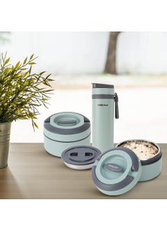 PINNACLE Pinnacle Prime Lunch Box with Pixel Thermo Bottle Combo | Lunch Kit with Bottle | Lunch Box for Kids | Tiffin Box for Office for Men | Additional Stainless Steel Tray (Glacial Green, 3 pc Set)  - Image 1