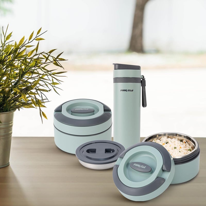 PINNACLE صندوق غداء بيناكل برايم مع زجاجة بيكسل الحرارية | مجموعة غداء مع زجاجة | صندوق غداء للأطفال | صندوق تيفين للمكتب للرجال | صينية إضافية من الفولاذ المقاوم للصدأ (أخضر جليدي، مجموعة 3 قطع) - Image 1