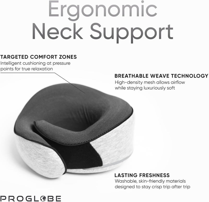 Proglobe وسائد الرقبة للسفر من بروغلوب للطائرات، مستلزمات النوم للرحلات الطويلة، دعم رأس 360°، طقم للسيارة والطائرة مع قناع عين ثلاثي الأبعاد مقوّس، سدادات أذن وحقيبة شبكية فاخرة (للبالغين، رمادي) - Image 4