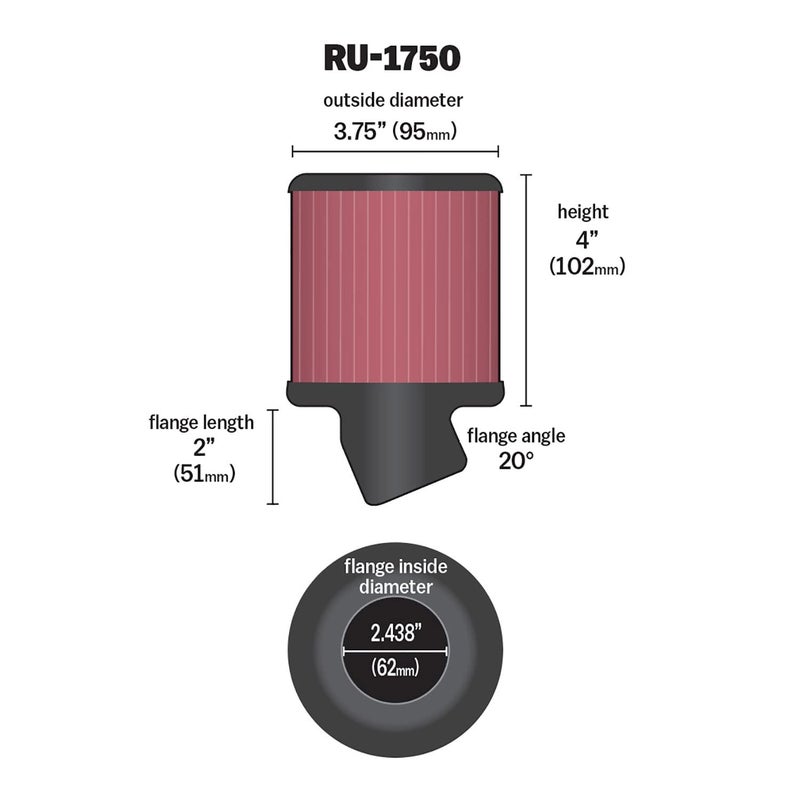 K&N High-Flow Original Lifetime Universal Clamp-On Air Filter: High Performance, Premium, Washable: Flange Diameter: 2.4375 In, Filter Height: 4 In, Flange Length: 2 In, Shape: Round, RU-1750 - Image 2