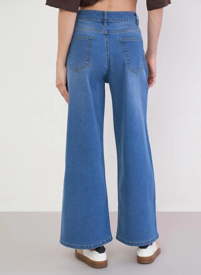 Styli Medium Blue Mid Rise Wide Leg Jeans for Women | Best Price UAE