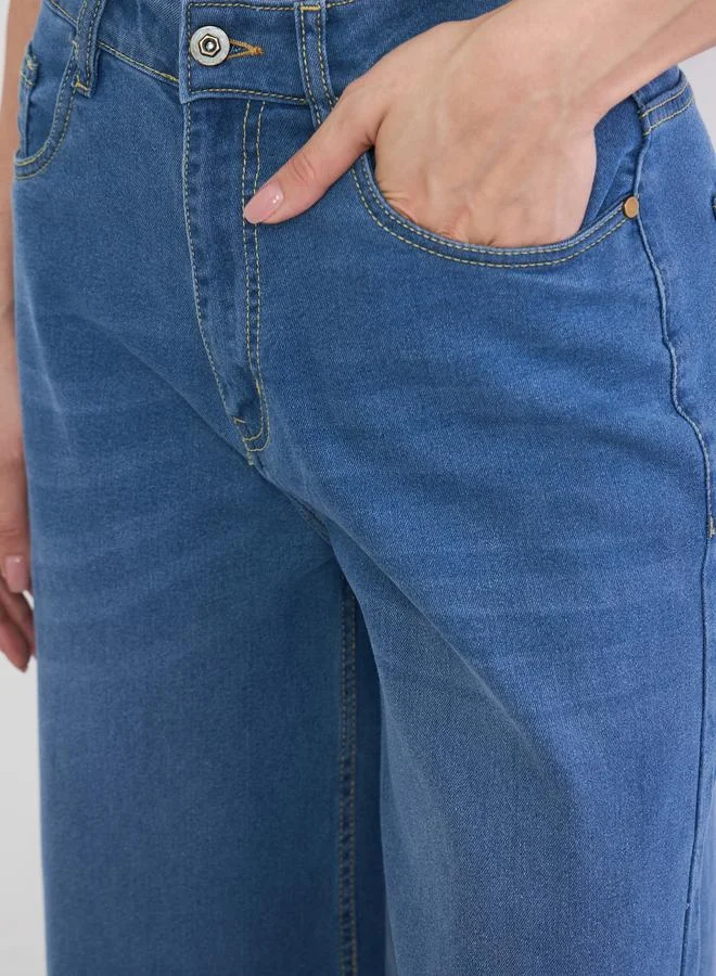 Styli Medium Blue Mid Rise Wide Leg Jeans for Women | Best Price UAE