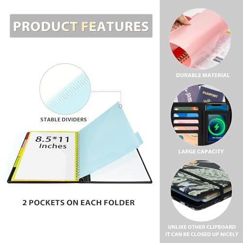 Ospelelf Clipboard with Storage for Men Women, Leather Padfolio Portfolio Organizer 5 Folders with 10 Pockets, Spiral Clipboard Folio with Notepad for Letter Size, Elastic Closure and Pen Loop Floral - Image 4