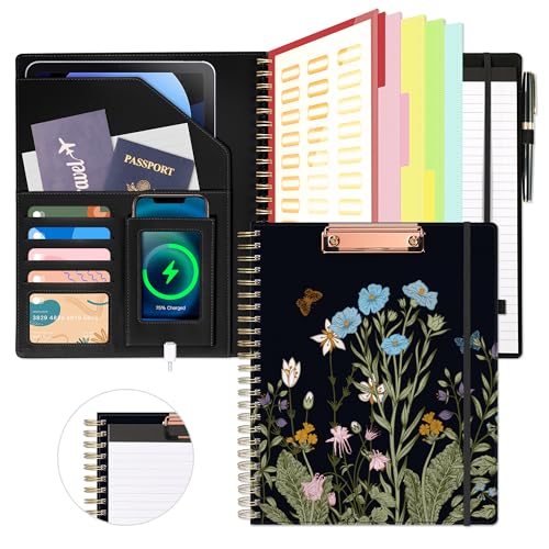 Ospelelf Clipboard with Storage for Men Women, Leather Padfolio Portfolio Organizer 5 Folders with 10 Pockets, Spiral Clipboard Folio with Notepad for Letter Size, Elastic Closure and Pen Loop Floral - Image 1