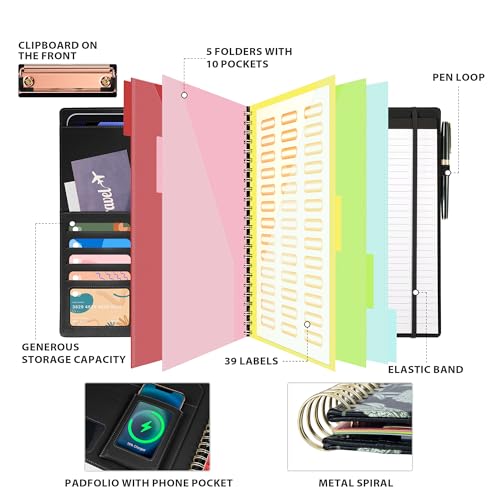 Ospelelf Clipboard with Storage for Men Women, Leather Padfolio Portfolio Organizer 5 Folders with 10 Pockets, Spiral Clipboard Folio with Notepad for Letter Size, Elastic Closure and Pen Loop Floral - Image 2