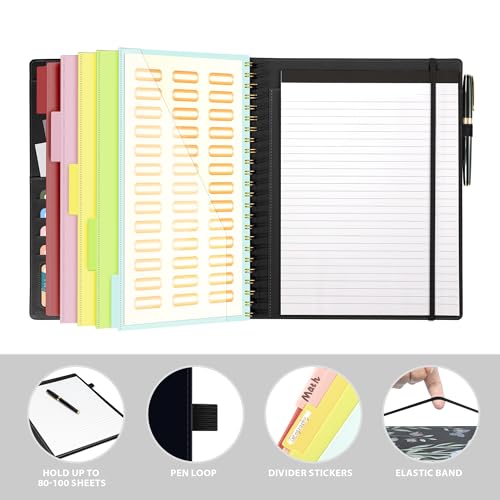 Ospelelf Clipboard with Storage for Men Women, Leather Padfolio Portfolio Organizer 5 Folders with 10 Pockets, Spiral Clipboard Folio with Notepad for Letter Size, Elastic Closure and Pen Loop Floral - Image 5