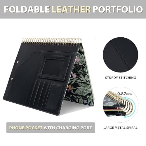 Ospelelf Clipboard with Storage for Men Women, Leather Padfolio Portfolio Organizer 5 Folders with 10 Pockets, Spiral Clipboard Folio with Notepad for Letter Size, Elastic Closure and Pen Loop Floral - Image 3