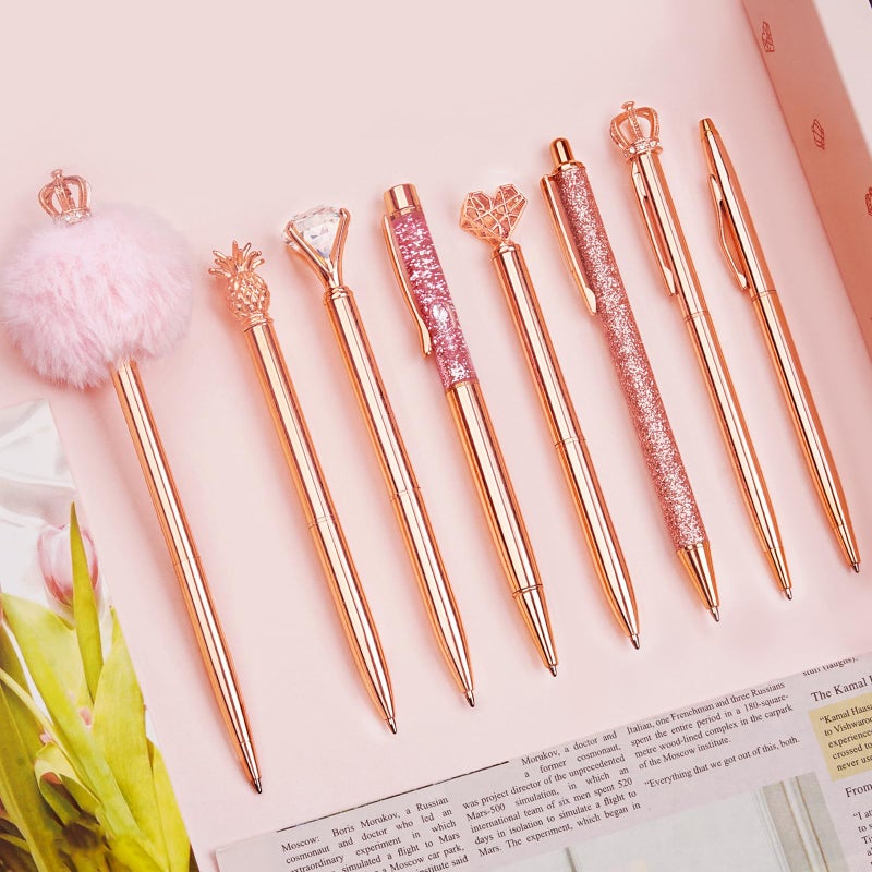 WEMATE 8Pcs Ballpoint Pens Set Metal Crystal Diamond Pen Glitter for Journaling Pen Bling in Black & Blue Ink Pretty Cute Pens Fancy Pens for Women Wedding School Office (Rose Gold) - Image 1