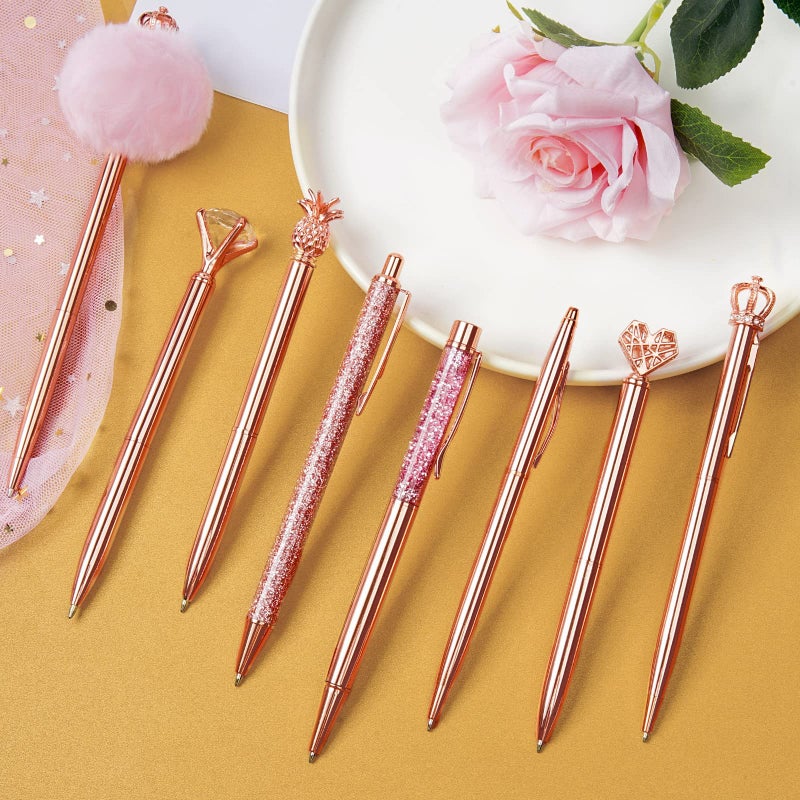 WEMATE 8Pcs Ballpoint Pens Set Metal Crystal Diamond Pen Glitter for Journaling Pen Bling in Black & Blue Ink Pretty Cute Pens Fancy Pens for Women Wedding School Office (Rose Gold) - Image 2