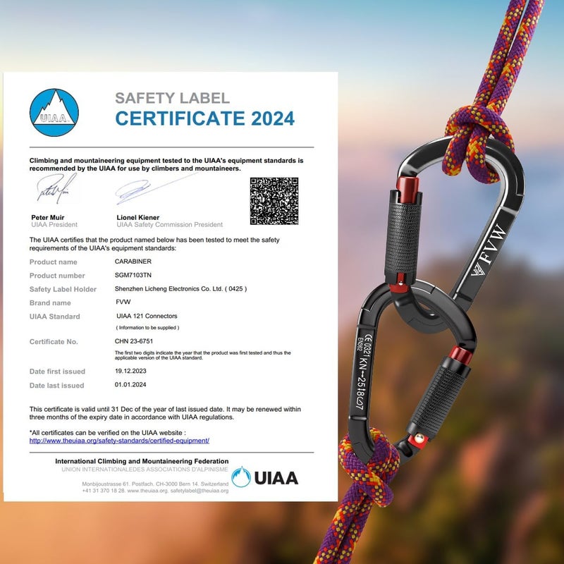 FVW Auto Locking Rock Climbing Carabiner Clips, UIAA Certified Professional 25KN (5620 lbs) Heavy Duty Caribeaners for Rappelling Swing Rescue & Gym etc,Large Carabiners,D-Shaped - Image 2