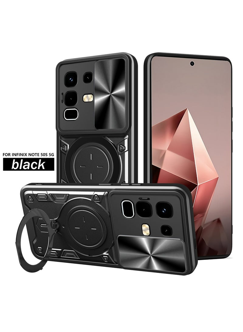 X-level Armor Case for Infinix Note 50S with Slide Camera Cover, Shockproof Case with [Rotatable Big Ring Kickstand] for Infinix Note 50S Black - Image 1
