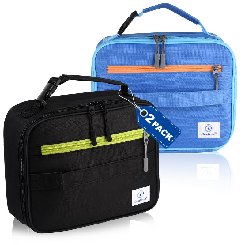 2 Packs Insulated Soft Lunch Bag With Double Zipper Sturdy Freezable and Reusable for Kids Men For School Work Outdoor Black Blue