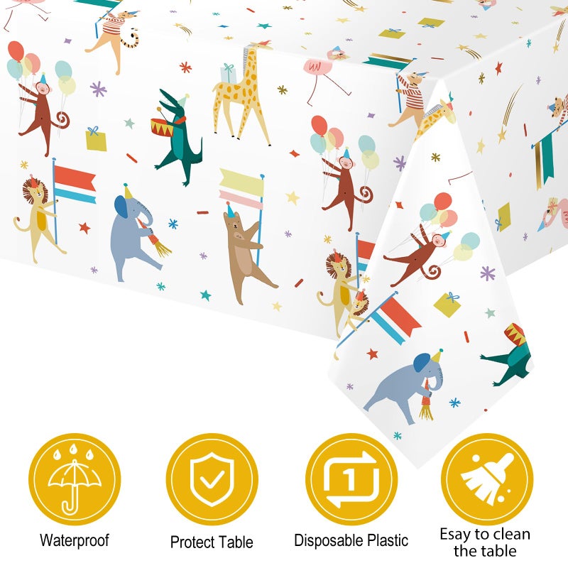 Maxdot 3 Pieces Animal Parade Party Tablecloths 108 Ã— 54 Inch Safari Theme Table Cover, Plastic Disposable Table Cloth Zoo Party Supplies for Jungle Baby Shower, Animal Themed Birthday Decorations - Image 3