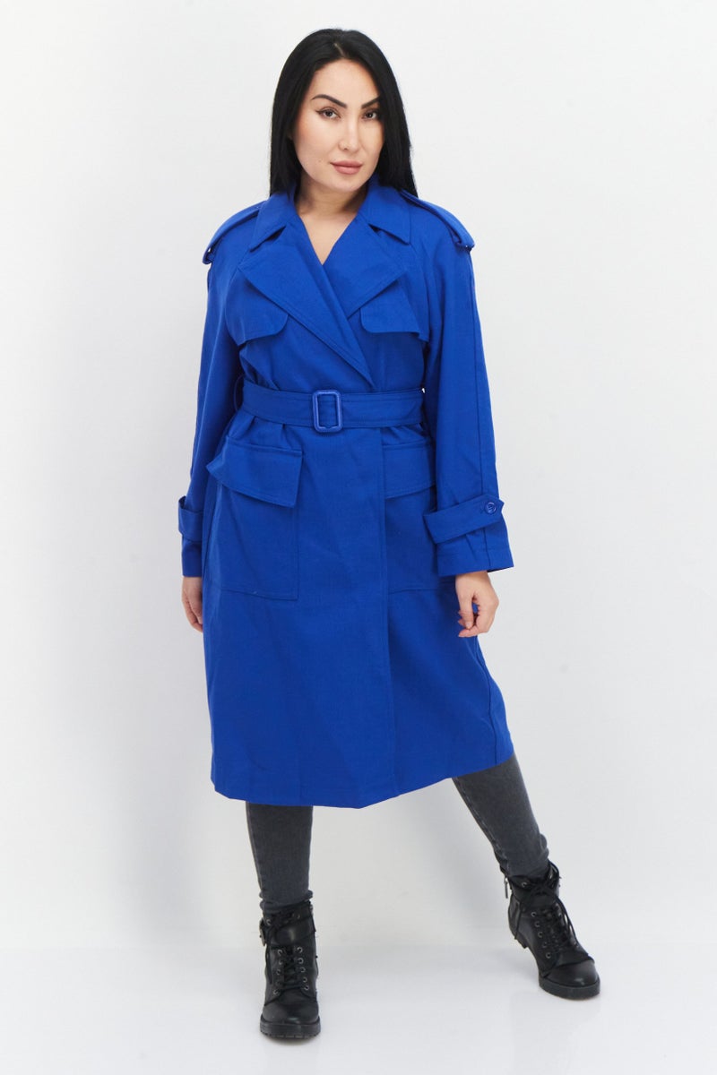 VERO MODA Women Belted Plain Trench Coat, Blue - Image 1