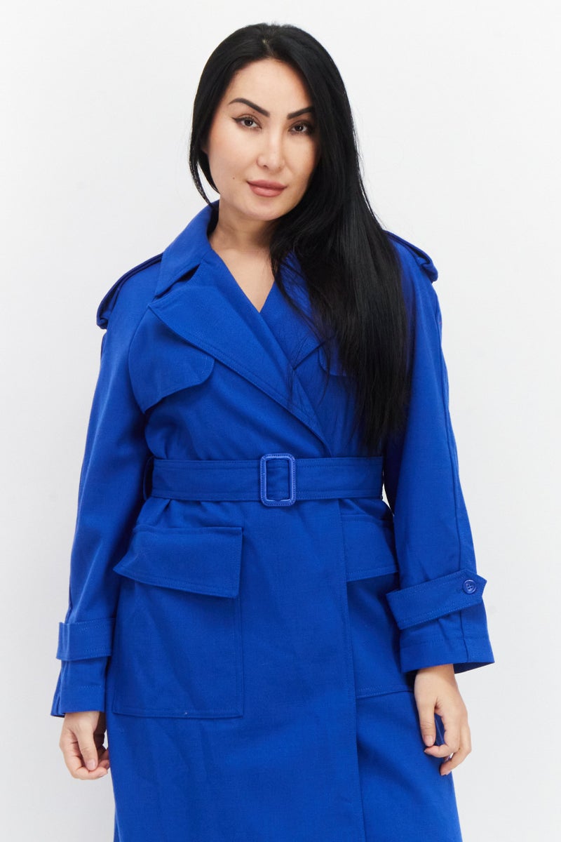 VERO MODA Women Belted Plain Trench Coat, Blue - Image 3