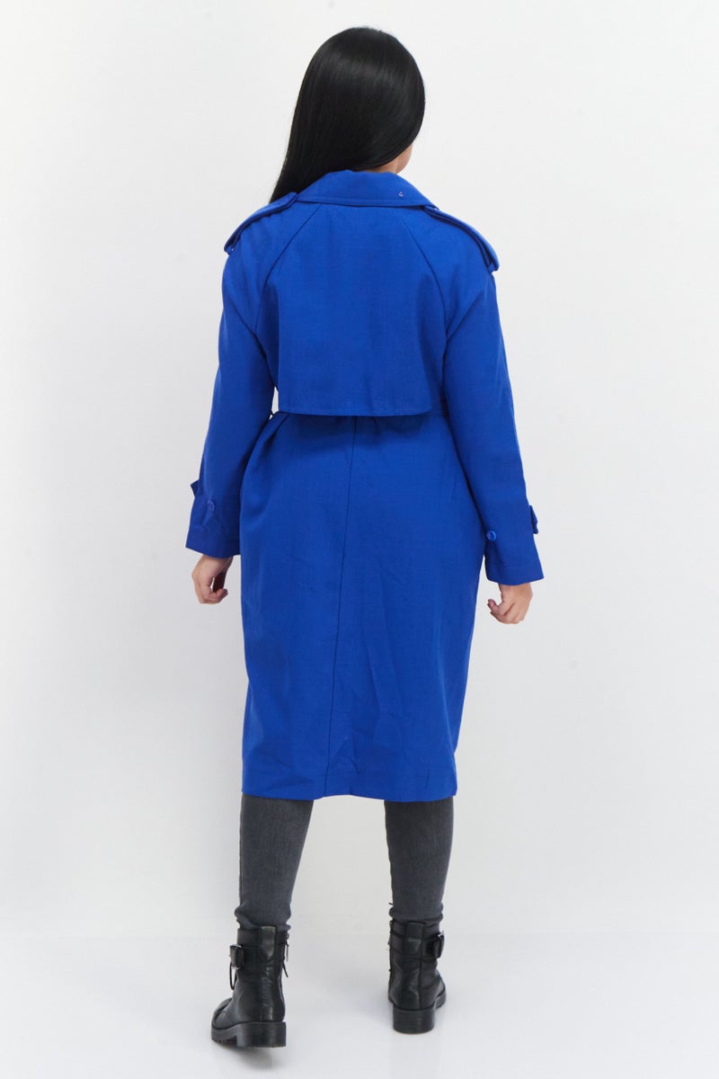 VERO MODA Women Belted Plain Trench Coat, Blue - Image 4