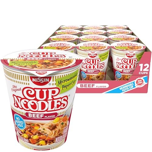 Nissin Cup Noodles Soup, Beef Flavor, Microwaveable Paper Cups, Instant Ramen, 2.25 Ounce (Pack of 12) - Image 1
