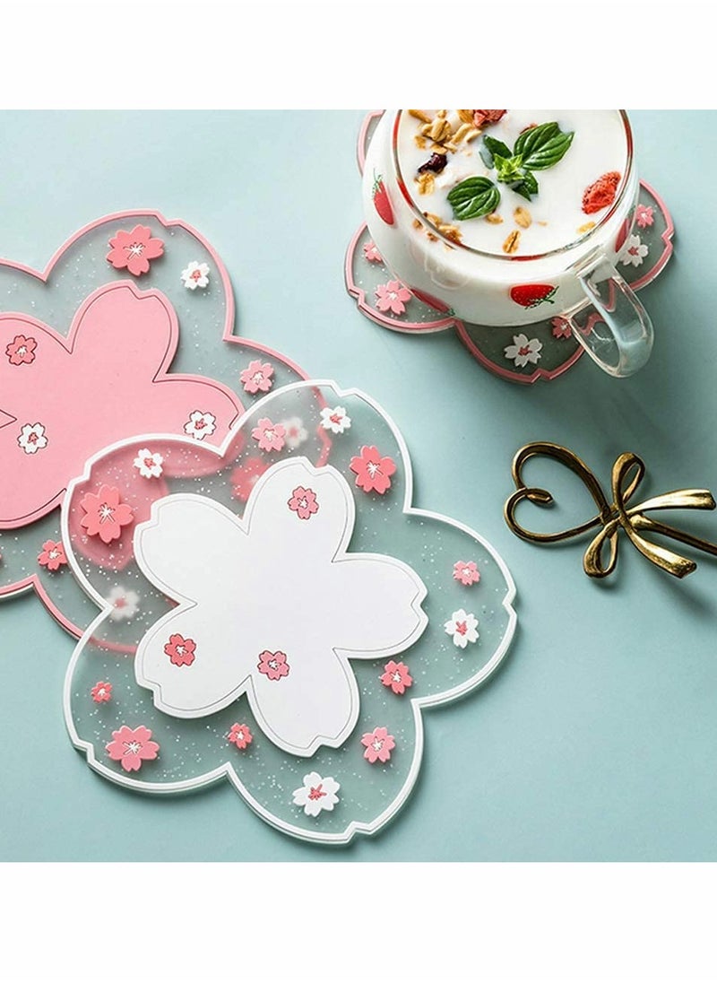SYOSI - Insulation Placemat, Sakura Cup Coaster, Decor Cup Placemat, Cute Kitchen Pot Bowl Pad Placemat, Table Cup Mat, Flower Pattern Mug Coasters for Drinks, Coffee, Tea (2 PCS, White, Pink) - Image 1