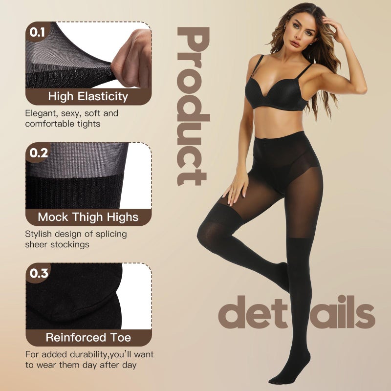 MANZI Black Faux Thigh High Opaque Tights Goth Mock Over Knee Stockings High Waist Warm Fake Sheer Pantyhose for Women - Image 4