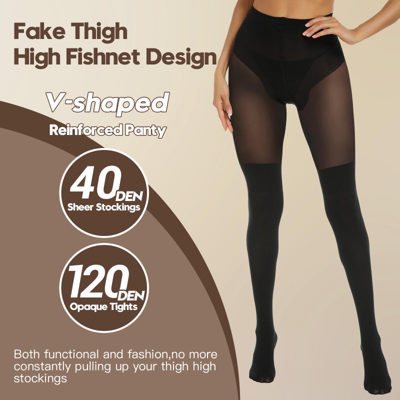 MANZI Black Faux Thigh High Opaque Tights Goth Mock Over Knee Stockings High Waist Warm Fake Sheer Pantyhose for Women - Image 3