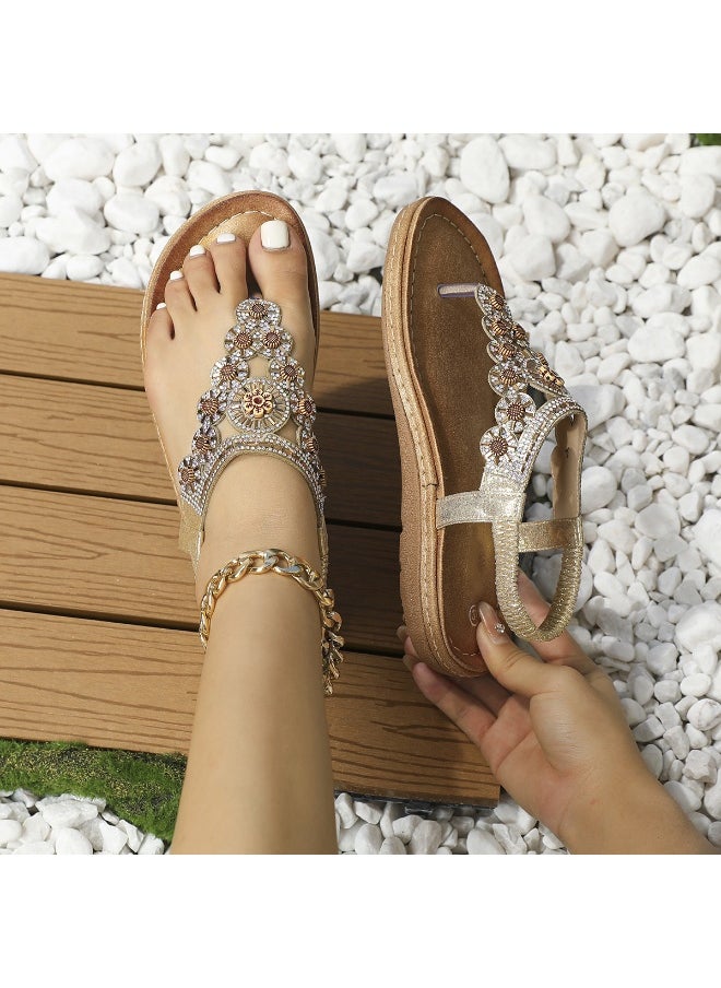 NIBEMINENT Ladies Shoes Wedge Bohemian Sandals Shoes For Women  Round Toe Wedge Thong Sandals Indoor Outdoor Female Shoes  - Image 1