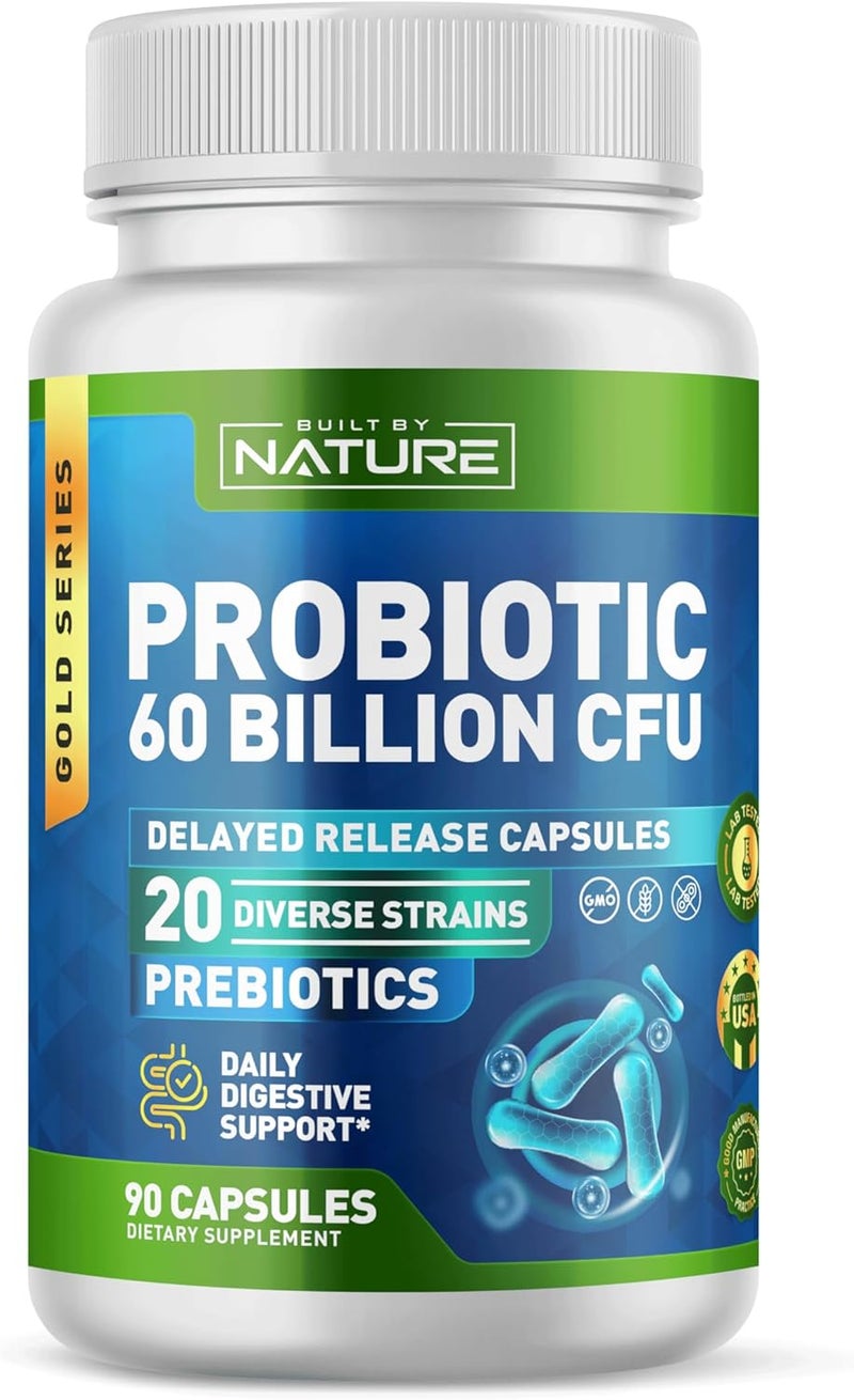Built By Nature بيلت باي ناتشر بروبيوتيك 60 مليار CFU 20 سلالة دعم المناعة والهضم للنساء والرجال كبسولات إطلاق مؤجل مستقرة على الرف 3 أشهر إمداد 90 كبسولة - Image 1