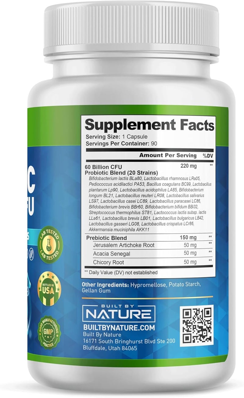 Built By Nature بيلت باي ناتشر بروبيوتيك 60 مليار CFU 20 سلالة دعم المناعة والهضم للنساء والرجال كبسولات إطلاق مؤجل مستقرة على الرف 3 أشهر إمداد 90 كبسولة - Image 2