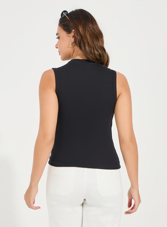 ستايلي بلوزة مضلعة بلا اكمام مع ياقة عالية - Image 4